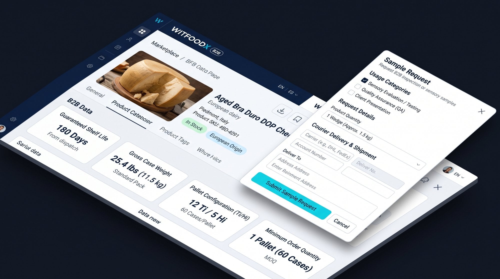 Product specifications and sample requests on the Witfoodx platform
